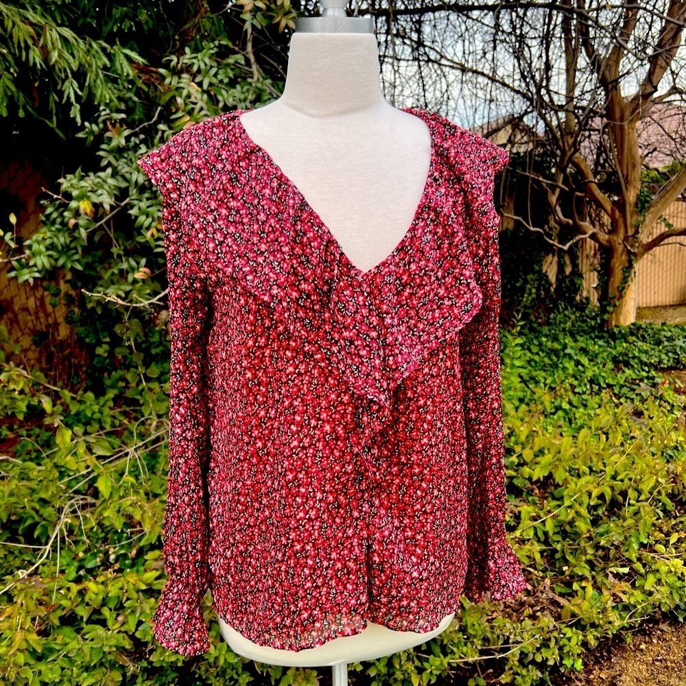 NWT - LOFT - Floral Ruffle V-Neck Blouse - Red - Picture 2 of 7